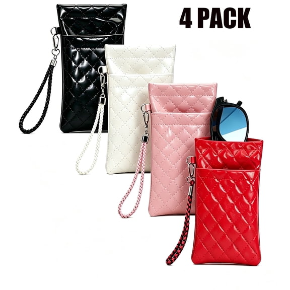 4Pack Double Eyeglass Case Glasses Case Squeeze Top with Carrying Strap PU Leather Eyeglasses Pouch Sunglasses Case Cell Phone Purse For Women
