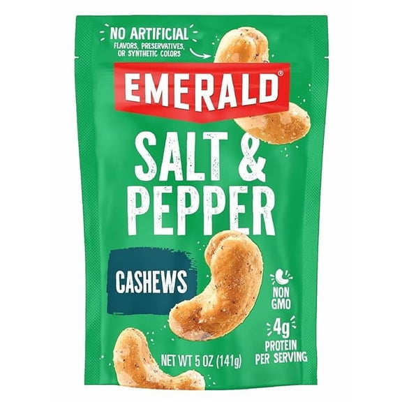 Emerald Nuts Salt and Pepper Seasoned Cashews (1-Pack) | 5 Oz Resealable Bag | Kosher Certified, Non-GMO, Contains No Artificial Preservatives, Flavors or Synthetic Colors