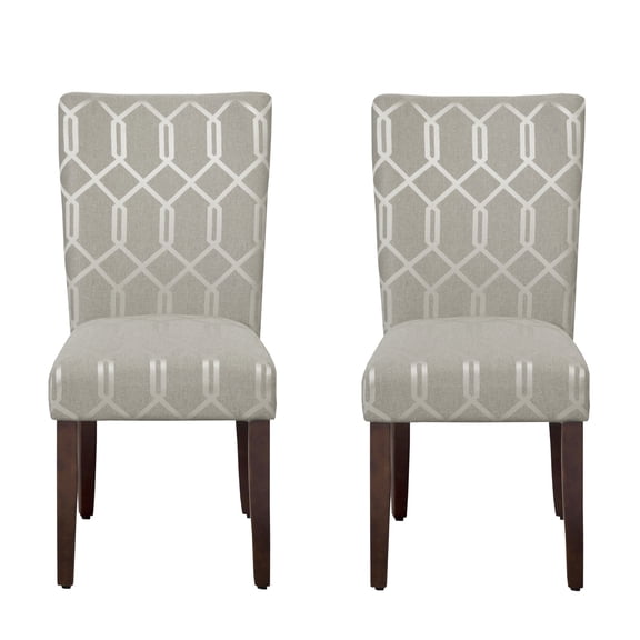 Benjara Wooden Parson Dining Chairs with Lattice Patterned Fabric Upholstery, Gray, Set of Two