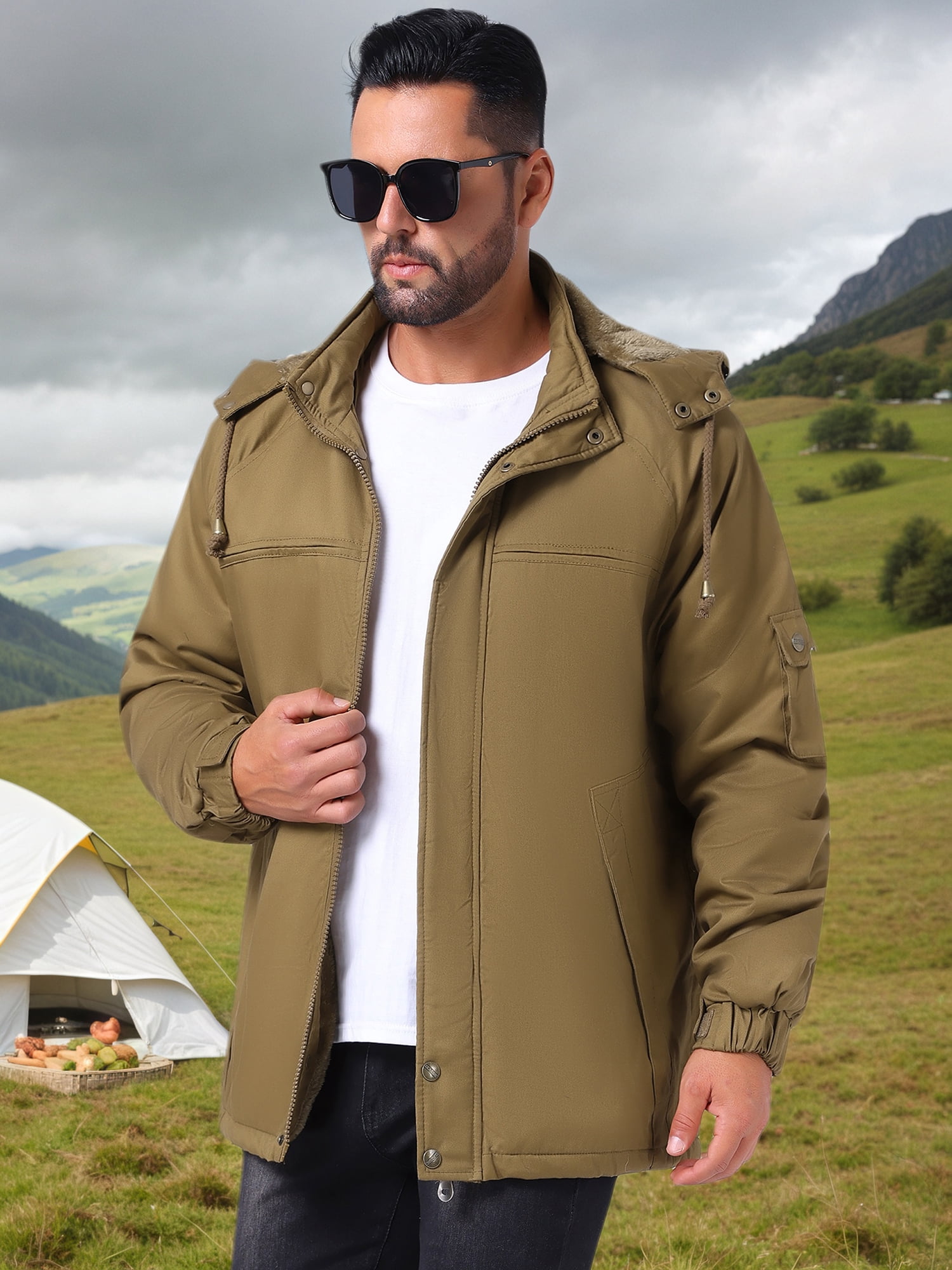 DARING DIVA Men's Winter Warm Fleece Lined Thicken Hooded Work Parka Jacket M Khaki