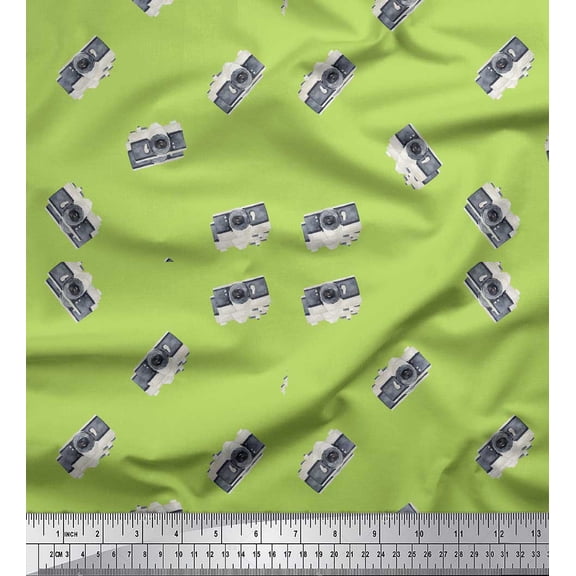 Soimoi Green polyester Crepe Fabric Handy Camera Travel Print Sewing Fabric Yard 42 Inch Wide