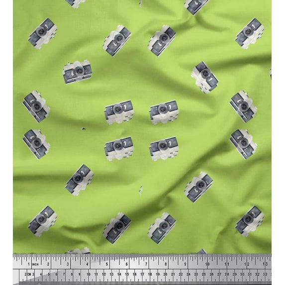 Soimoi Green Cotton Poplin Fabric Handy Camera Travel Printed Fabric 1 Yard 42 Inch Wide