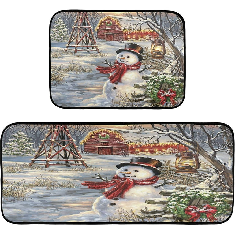 Winter Snowman Christmas Kitchen Mats Xmas Farm Barn Holly Wreath