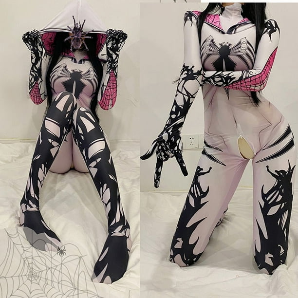 Gwen Stacy Cosplay Costume Sexy Zentai Suit for Women Spandex Zentai Hoodie Spider Girl Cosplay Halloween Party Costumes zhangyuxiang LED