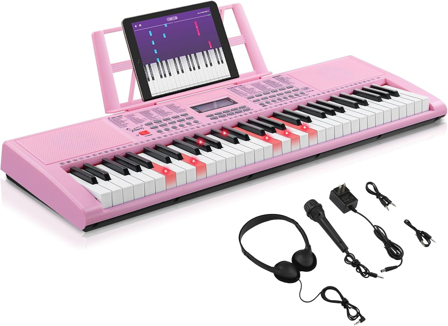 GLARRY 61-Key Portable Electronic Piano Keyboard for Beginner w/Lighted Keys, LCD Screen, Microphone, Headphones, 3 Teaching Modes, Built-In Speakers