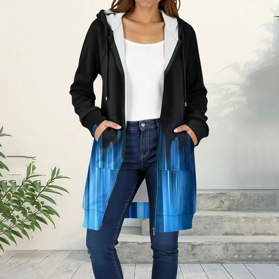 Yteetum Sweatshirts Hoodies for Women Zip up Fleece Print Mid Length Hooded Jackets Coats Womens Casual Zipper Printed Oversize Loose Fits Fleece Long Sleeve Long Fall Hood Jackets Outwear