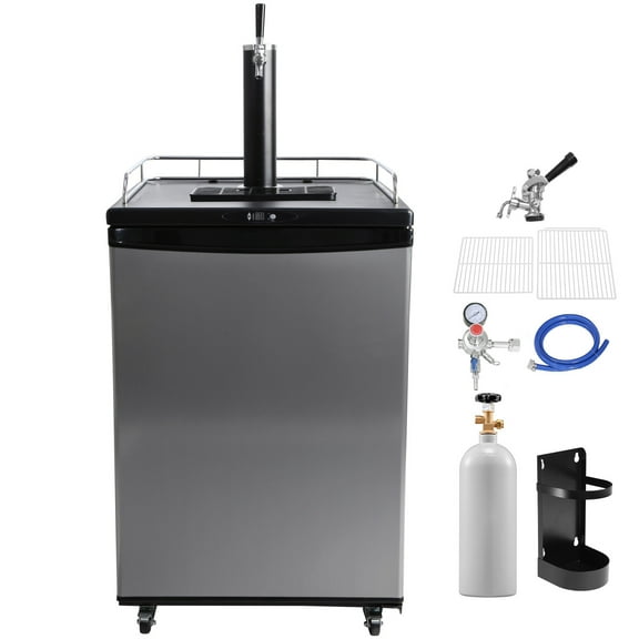 KFFKFF Single Tap Draft Beer Dispenser with Adjustable Temperature, Full-Size Keg Refrigerator Featuring Shelves, CO2 Cylinder, Drip Tray, and Rail, Compatible with 1/6, 1/4, and 1/2 Barrels