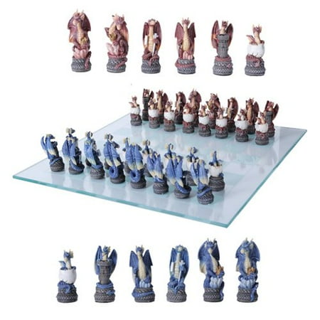 Hand Painted Polystone Chess Pieces - Might And Magic Dragon Fantasy Collectible Hand Painted Resin Chess Pieces With Glass Board Set