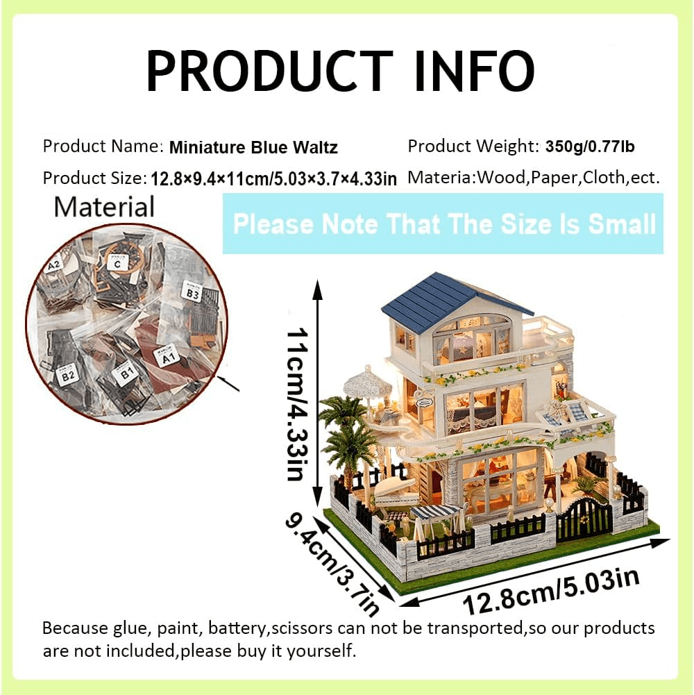 DIY Miniature House Kit, BUSATIA Mini House Kit for Beginners, Creative Doll House, Mayberry Street Miniatures, Model Building Craft Diorama Kit, Ideal Gifts for Birthday, Christmas(Blue Mansion)