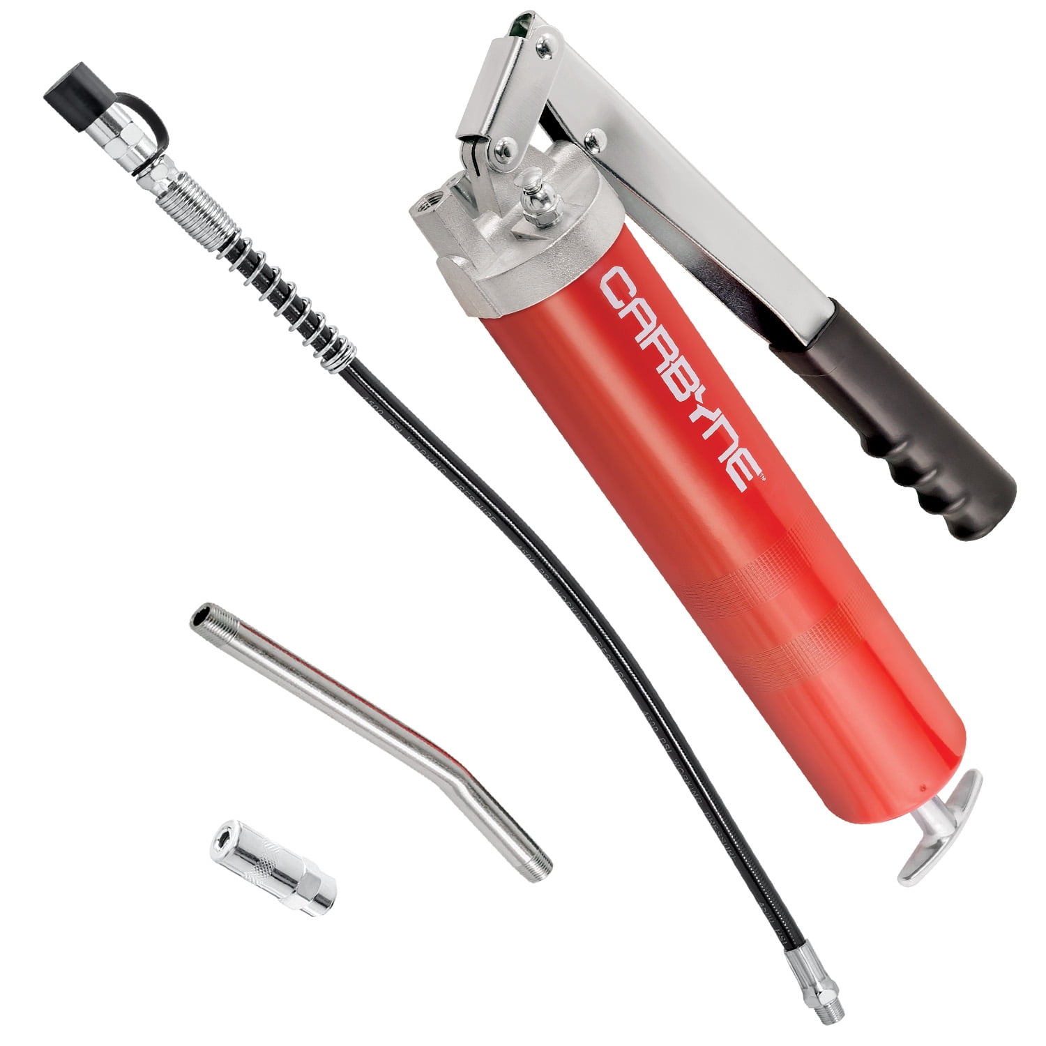 Carbyne Grease Gun, 8000 Psi, Lever Handle, Heavy Duty Steel Barrel, 3-Way Loading, 18 in. Hose, Angled Tube, Needle Nozzle, Coupler
