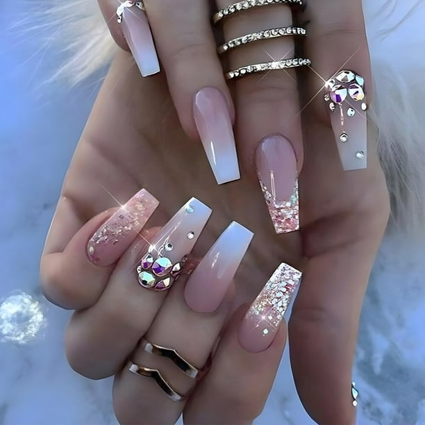 Uñas postizas de cobertura completa, Uñas postizas acrílicas, purpurina, mariposa, diamantes de imitación, color rosa degradado, 24 unidades