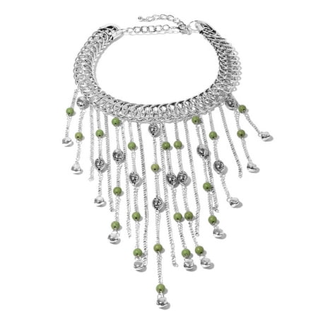 - Green Howlite Beads Silvertone Fringe Choker Collar Necklace for Women 18