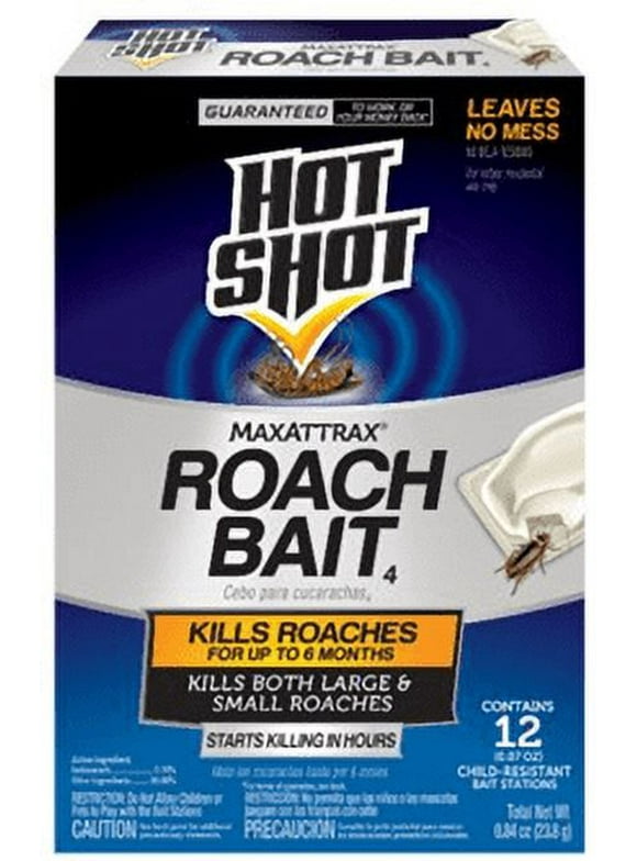 Hot Shot MaxAttrax Roach Bait 12 Count, Child-Resistant Bait Stations, Kills Cockroaches