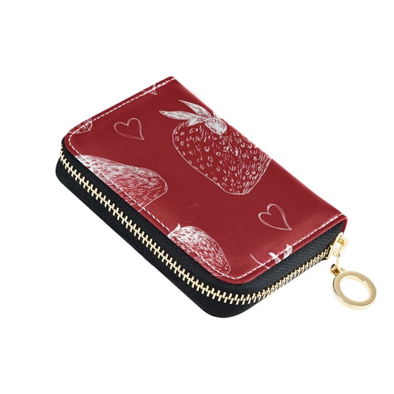 Line Art Strawberries Hearts Valentine Women's Credit Card Holder PU Leather Zipper Wallet RFID Blocking