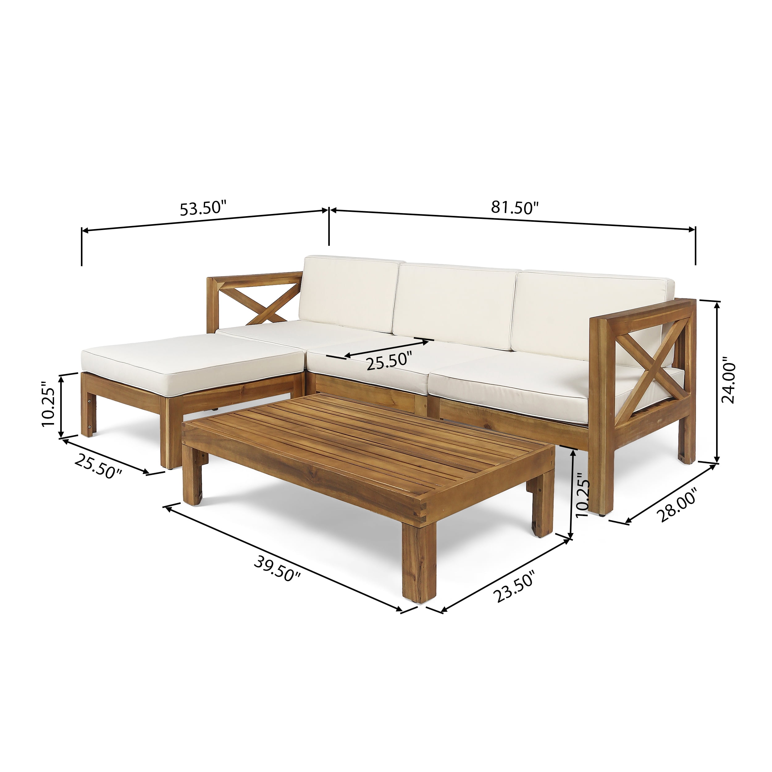 Outdoor L Shaped Sectional Sofa Set, Acacia Wood Frame Combined Couch for Patio Garden, Teak and Beige