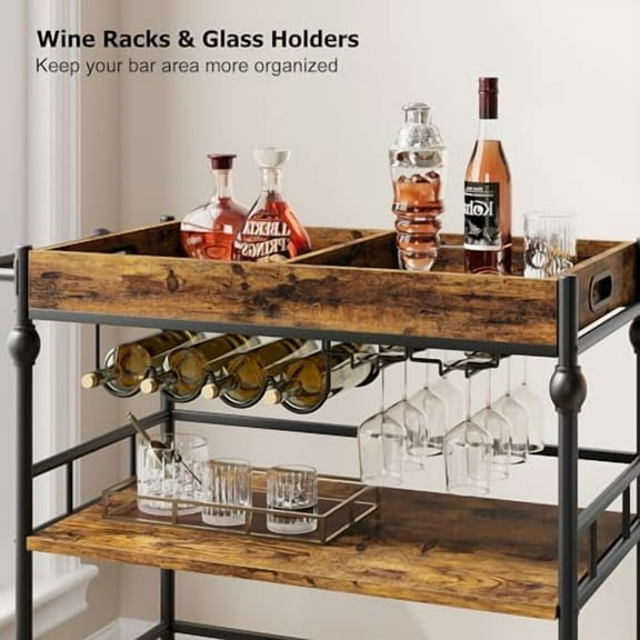 IDEALHOUSE Bar Cart, Bar Carts for The Home, 3 Tier Bar Cart with Wheels, Portable Home Bar & Serving Carts, Rolling Cart with Wine Rack and Removable Tray for Living Room, Kitchen