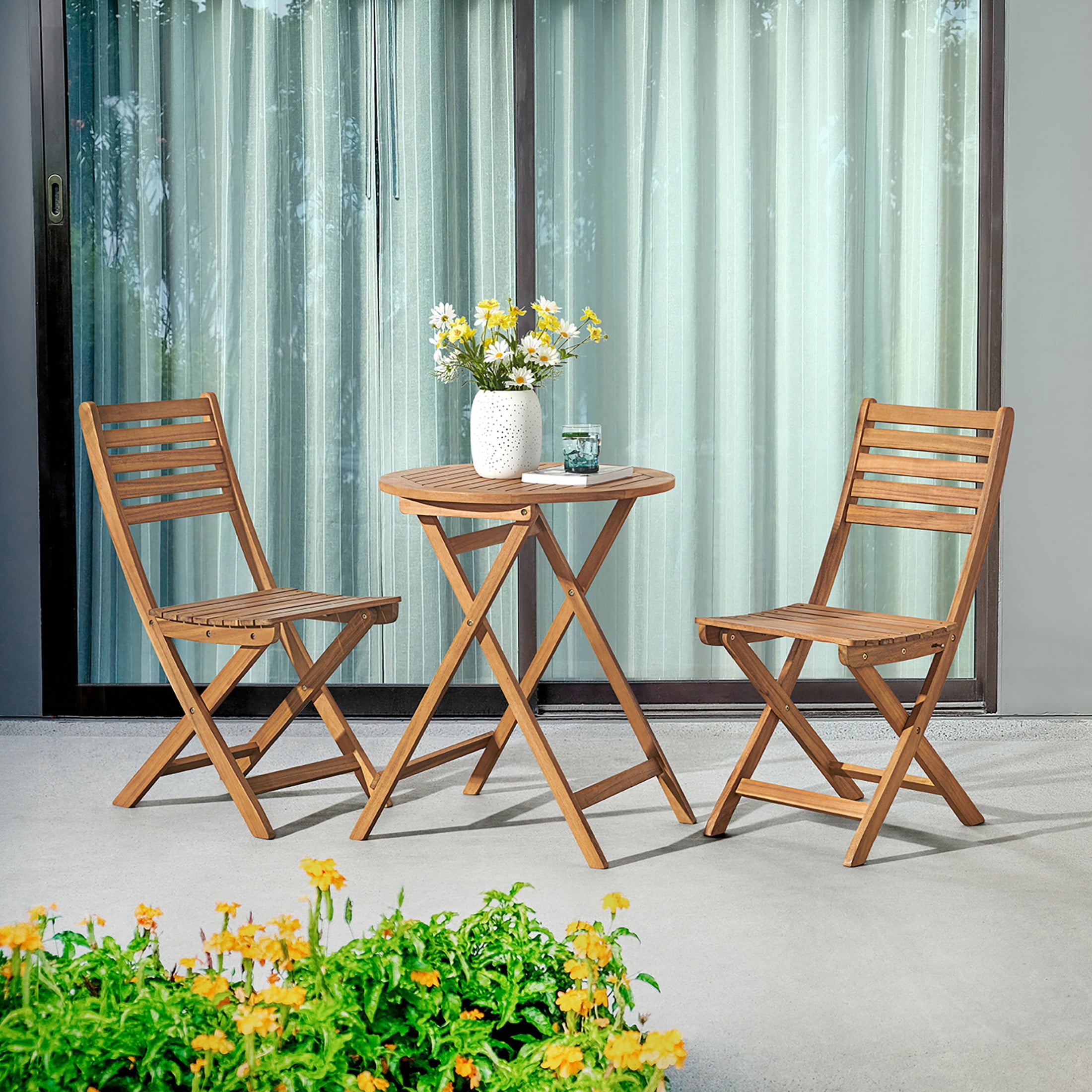 Cabot Folding Outdoor Bistro Table & Chair Set (Round Table & 2 Chairs) - Weather Resistant & Easy to Store Acacia Wood Dining Set for Patio, Balcony, & Garden