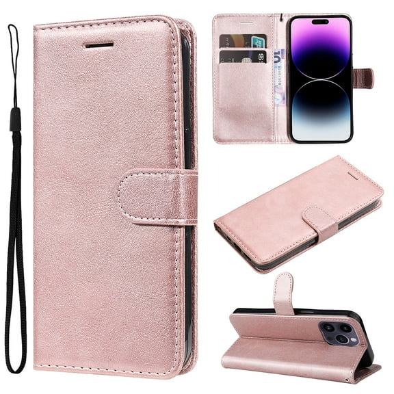 Nalacover Wallet Case for iPhone 15 Pro, Card Slots Holder Magnetic Clasp Premium Luxury PU Leather Flip Folio Cover with Kickstand Wrist Strap Soft Silicone Shockproof Case, Rosegold