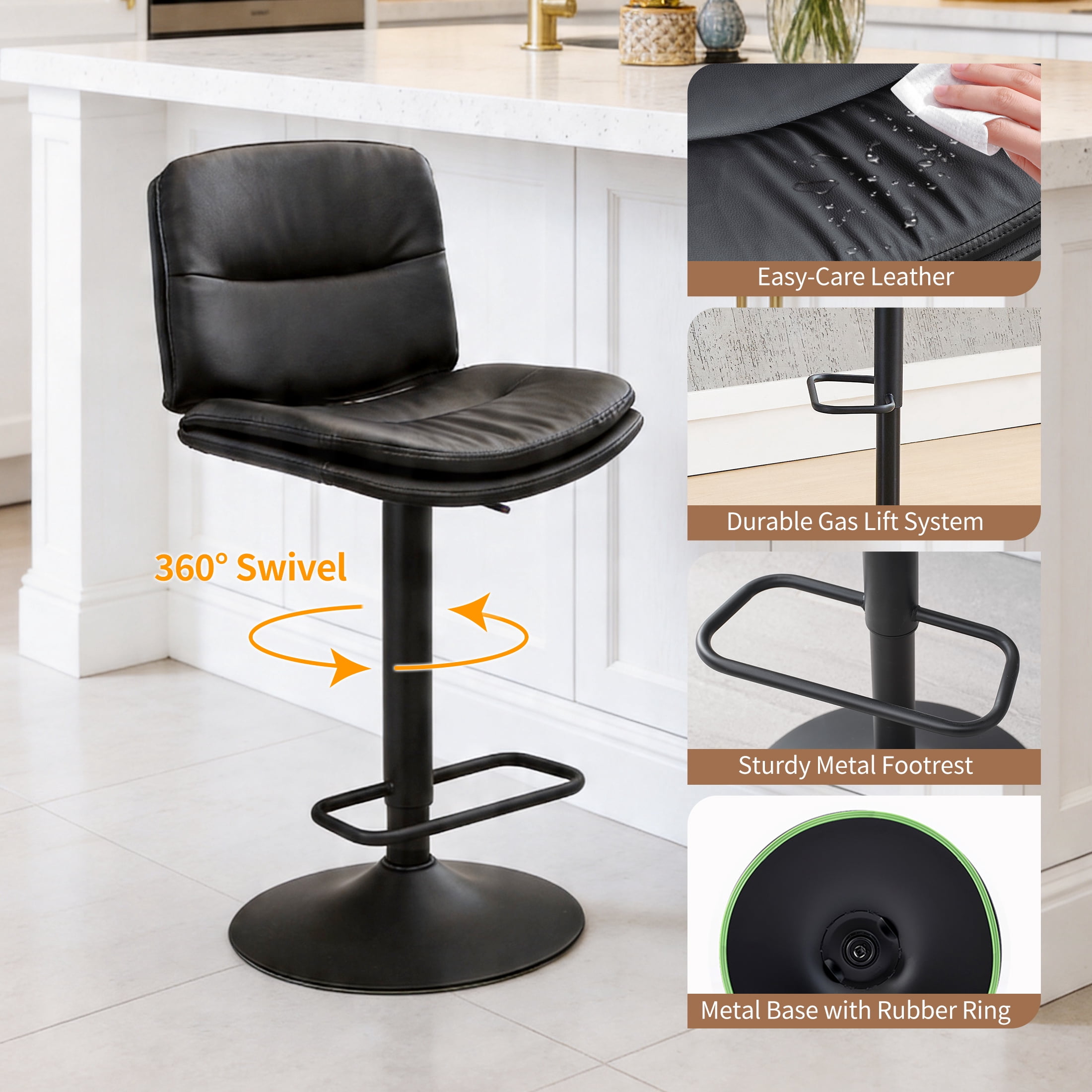 FIRAVOE Swivel Bar Stools Set of 2, Double-Layer Upholstered Counter Height Bar Stools with Back, PU Leather Height Adjustable Barstools for Kitchen Island, Black