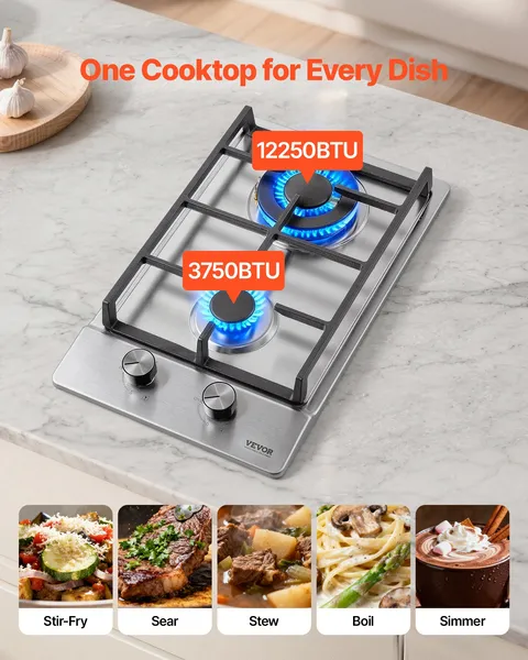 12 Inch Built-in Stainless Steel Gas Cooktop 2 Burners 12250 BTU LPG NG Convertible Dual Fuel Hob with Thermocouple Protection for Outdoor Kitchen Camping RV