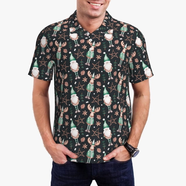 Fotbe Christmas cute deer old man Camiseta Polo de Golf para Hombre con Estampado – Camisa Deportiva Transpirable con Cuello Abotonado-Large