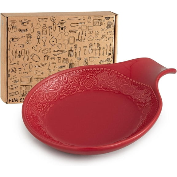 FUN ELEMENTS Spoon Rest, Lace Emboss Kitchen Spoon Holder for Stove Top, Ceramic Spoon Rest for Kitchen Counter, Best Gift Idea for Thanksgiving, Christmas and House Warming (Christmas Red)