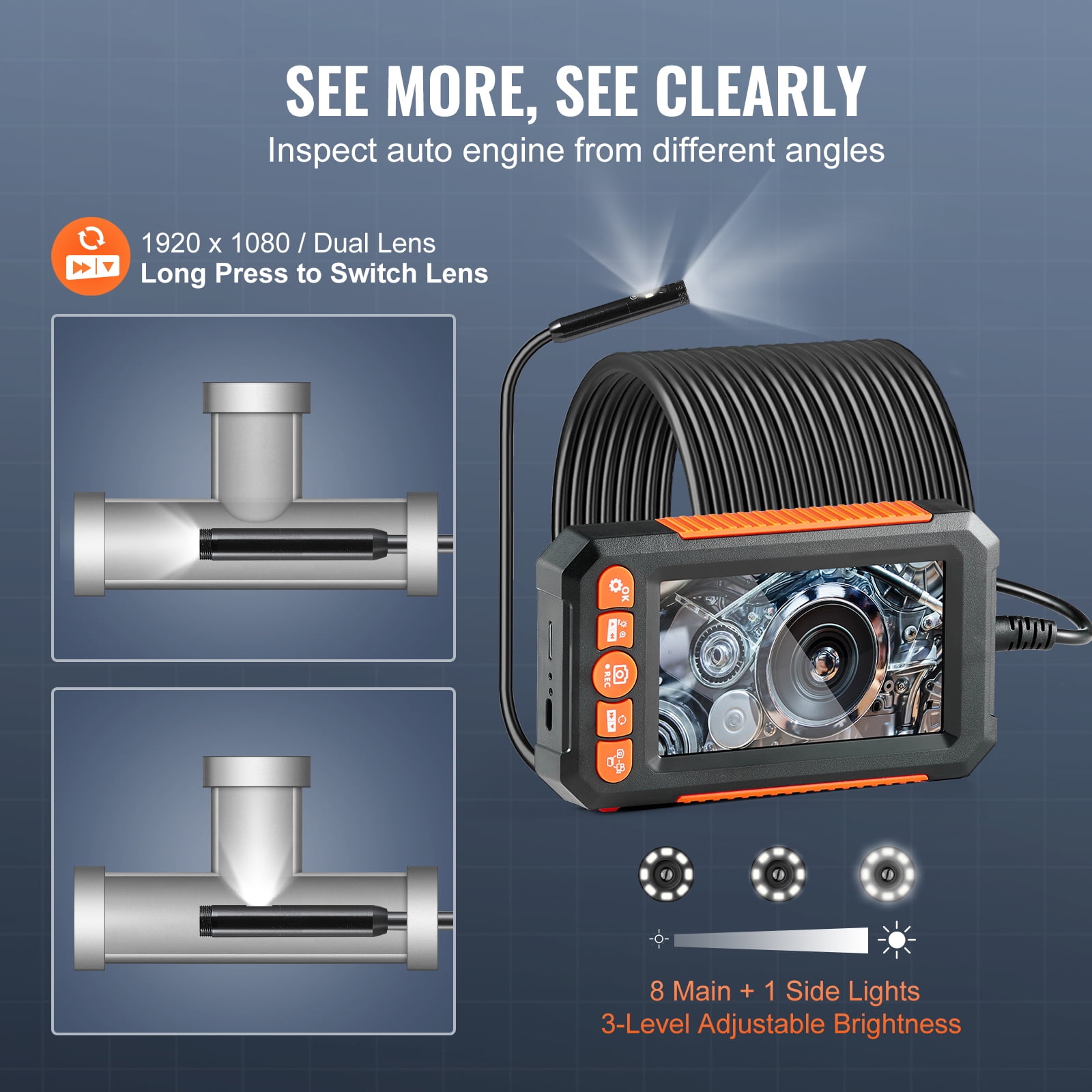 KFFKFF Endoscope Camera with Lights, 49.2FT Semi-Flexible Cable, 4.3" Display 1080P Snake Camera, 9 LED Lights, 4X Zoom, IP67 Water-Resistant for Automotive and Plumbing Inspections