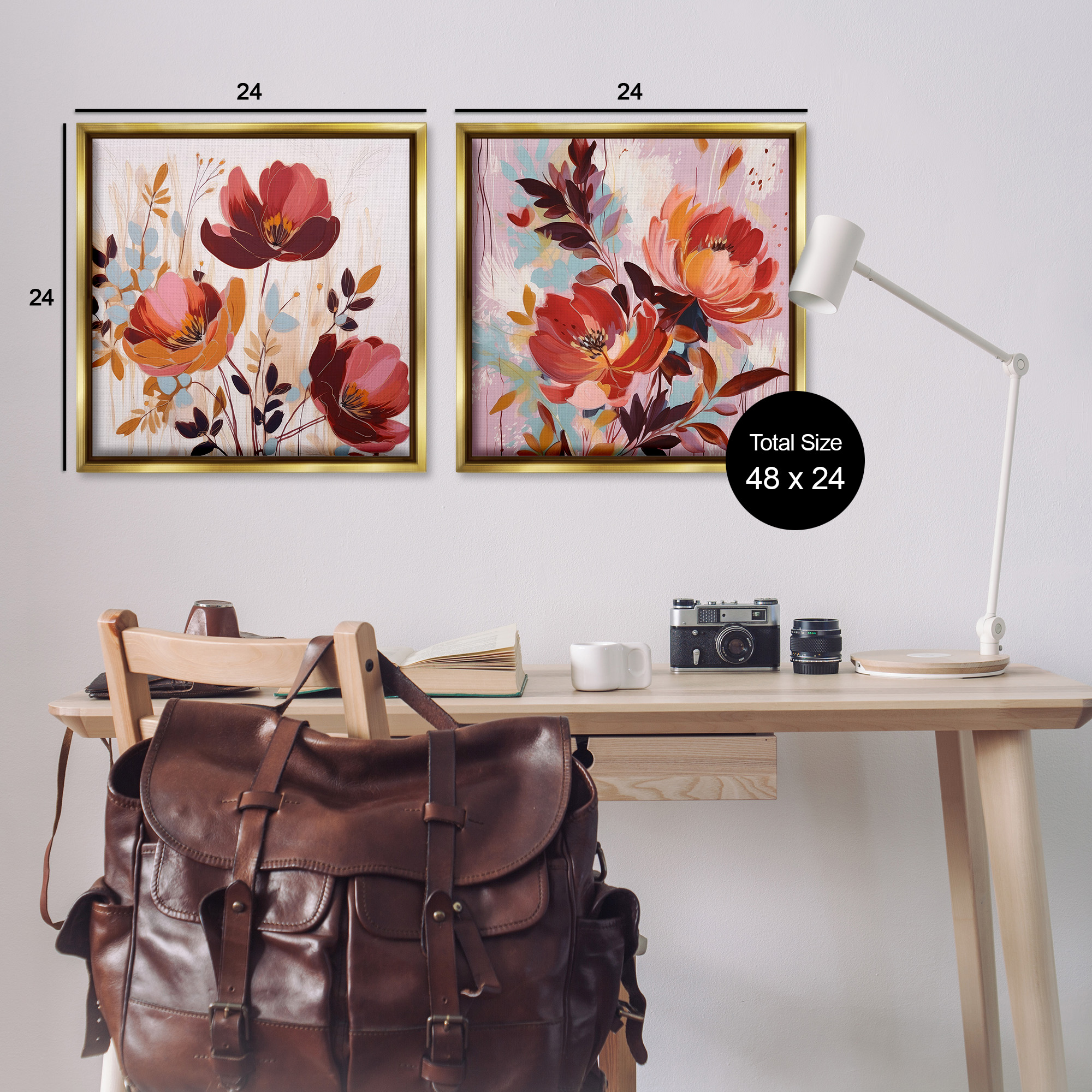Stupell Industries Red Modern Flowers Botanical & Floral Painting Gold Floater Framed Canvas Art Print Wall Art, 25 x 25, Set of 2