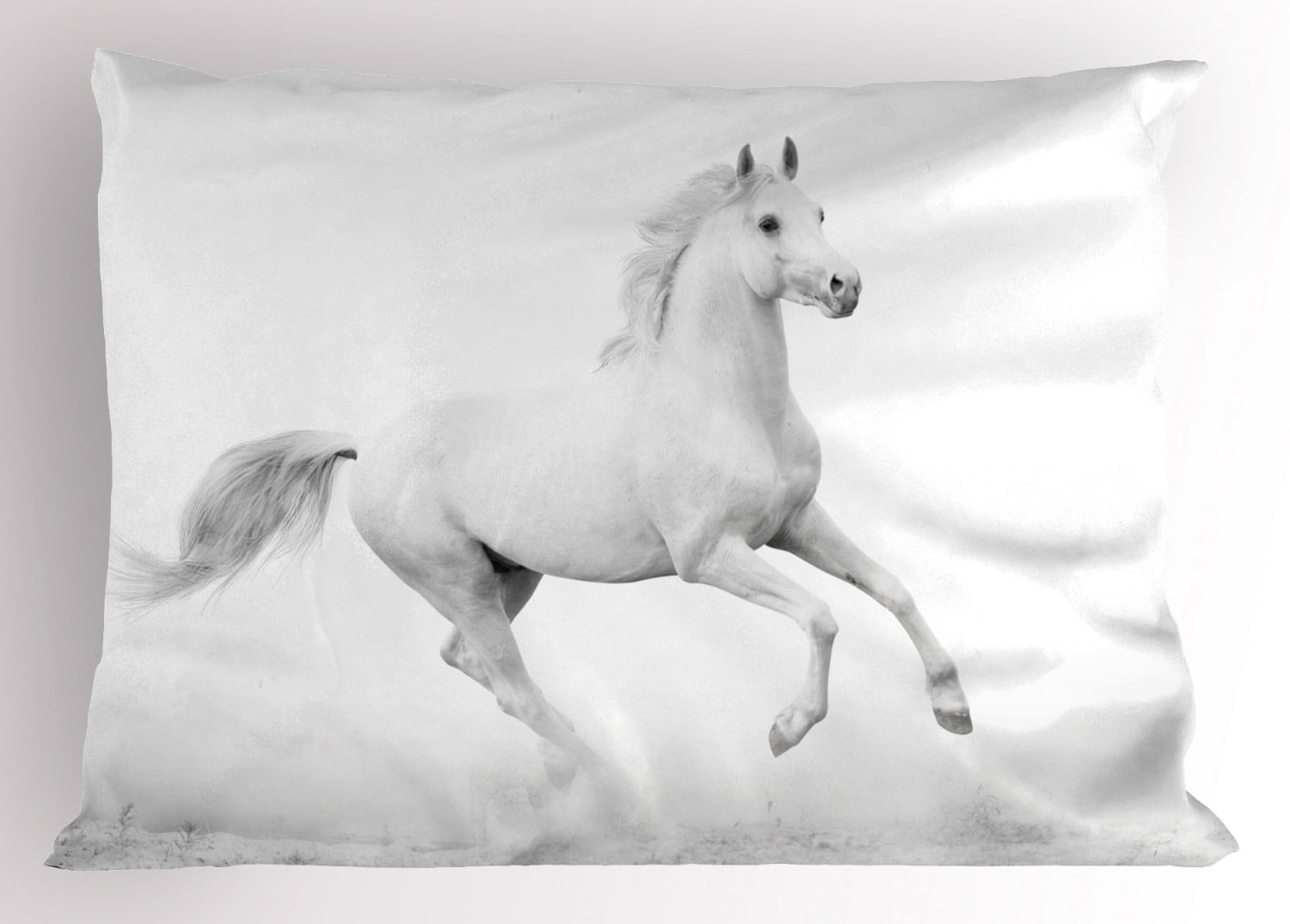 Black And White Pillow Sham White Stallion Running Horse Galloping