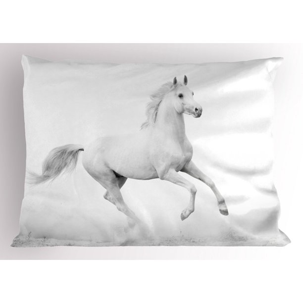 Black and White Pillow Sham White Stallion Running Horse Galloping