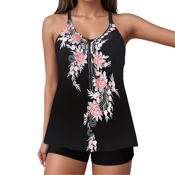 ibiyuan Women's Plus Size Tankini Swimsuits Two Piece Rash Guard Capris Athletic Swimwear Bathing Suits for Women Tropical Floral Womens Two Piece Swimsuit,Black