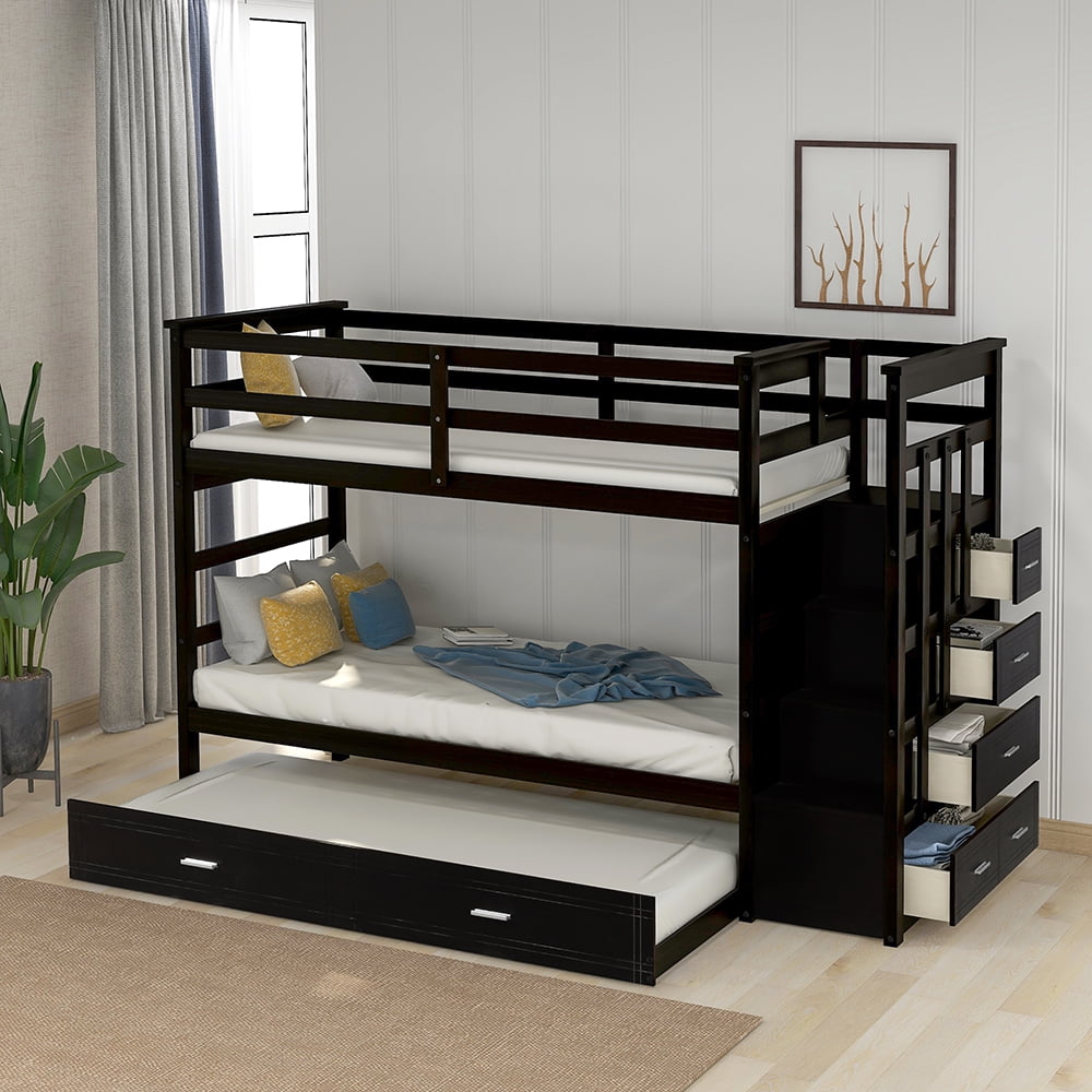 Solid Wood Bunk Beds for Kids, Hardwood Twin-Over-Twin Bunk Bed with Trundle and Storage Staircase Drawers-Natural Espresso