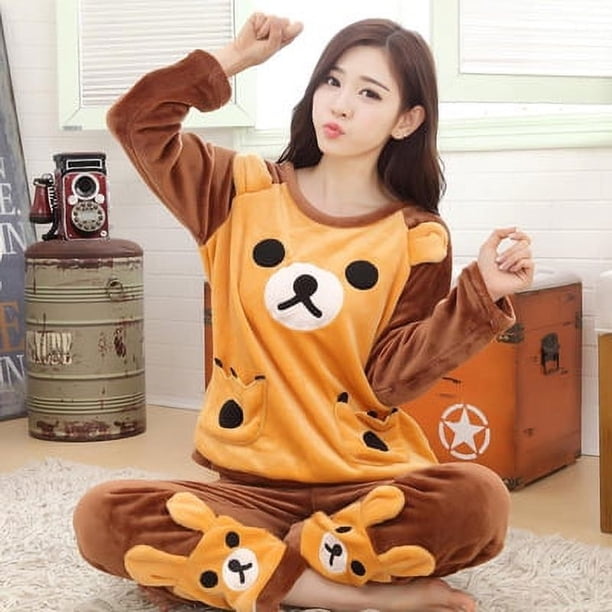 Pijamas de franela de otoño e invierno para mujer, manga larga, grueso, cálido, polar coral, conjunto de ropa para el hogar con forma de oso de galleta