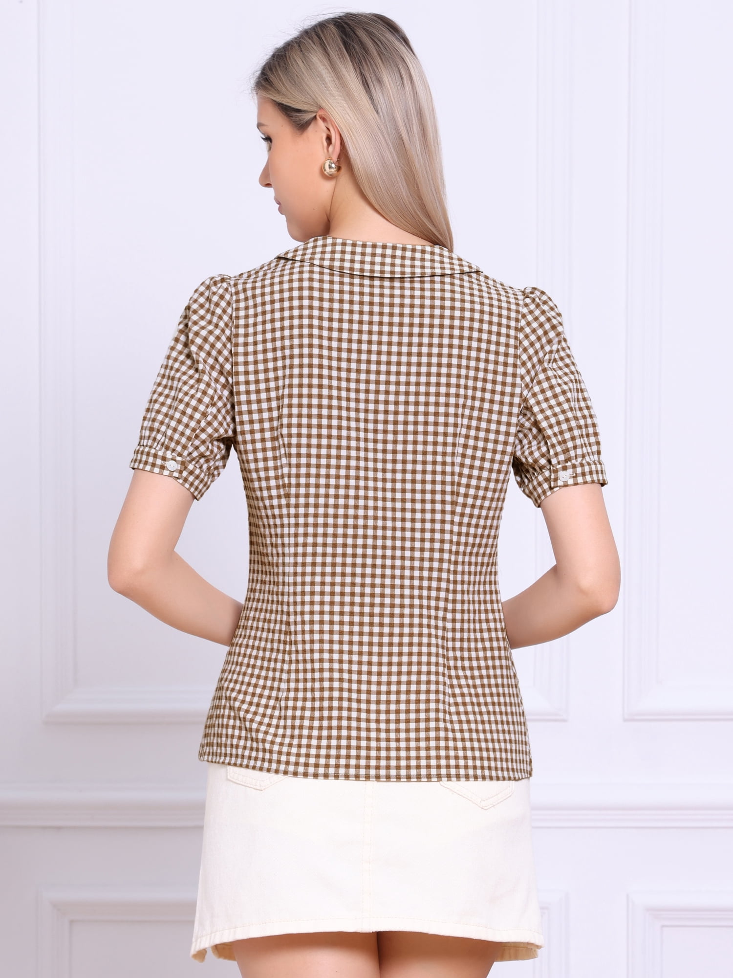 DARING DIVA Women's Peter Pan Collar Plaid Shirt Puff Short Sleeve Blouse S Dark Brown