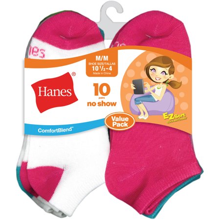 Hanes Girls' No Show Socks, Assorted Colors 10-Pack