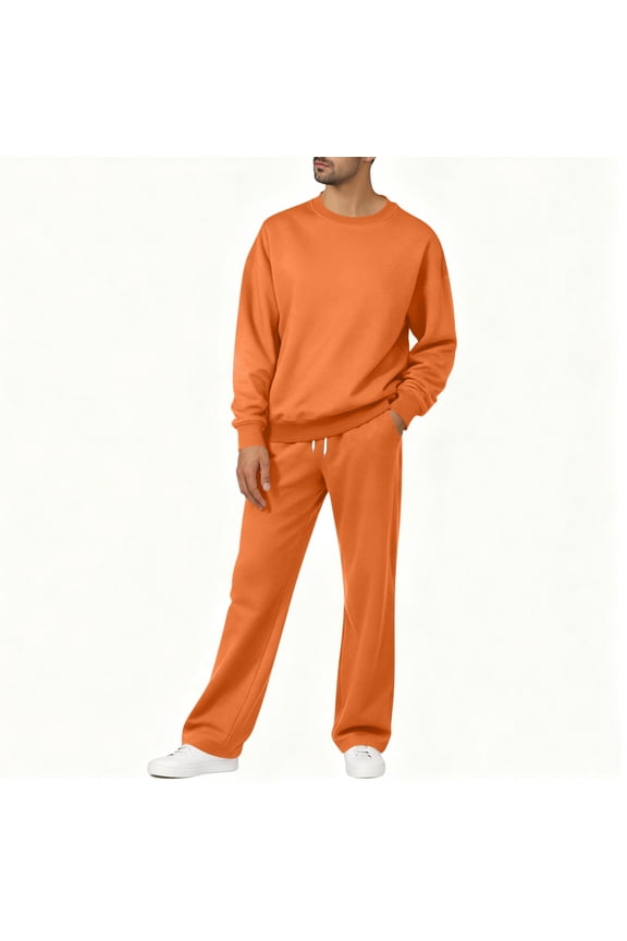 Men's Fleece Tracksuits Solid 2 Piece Set Crewneck Sweatshirts & Open Bottom Sweatpants with Pockets
