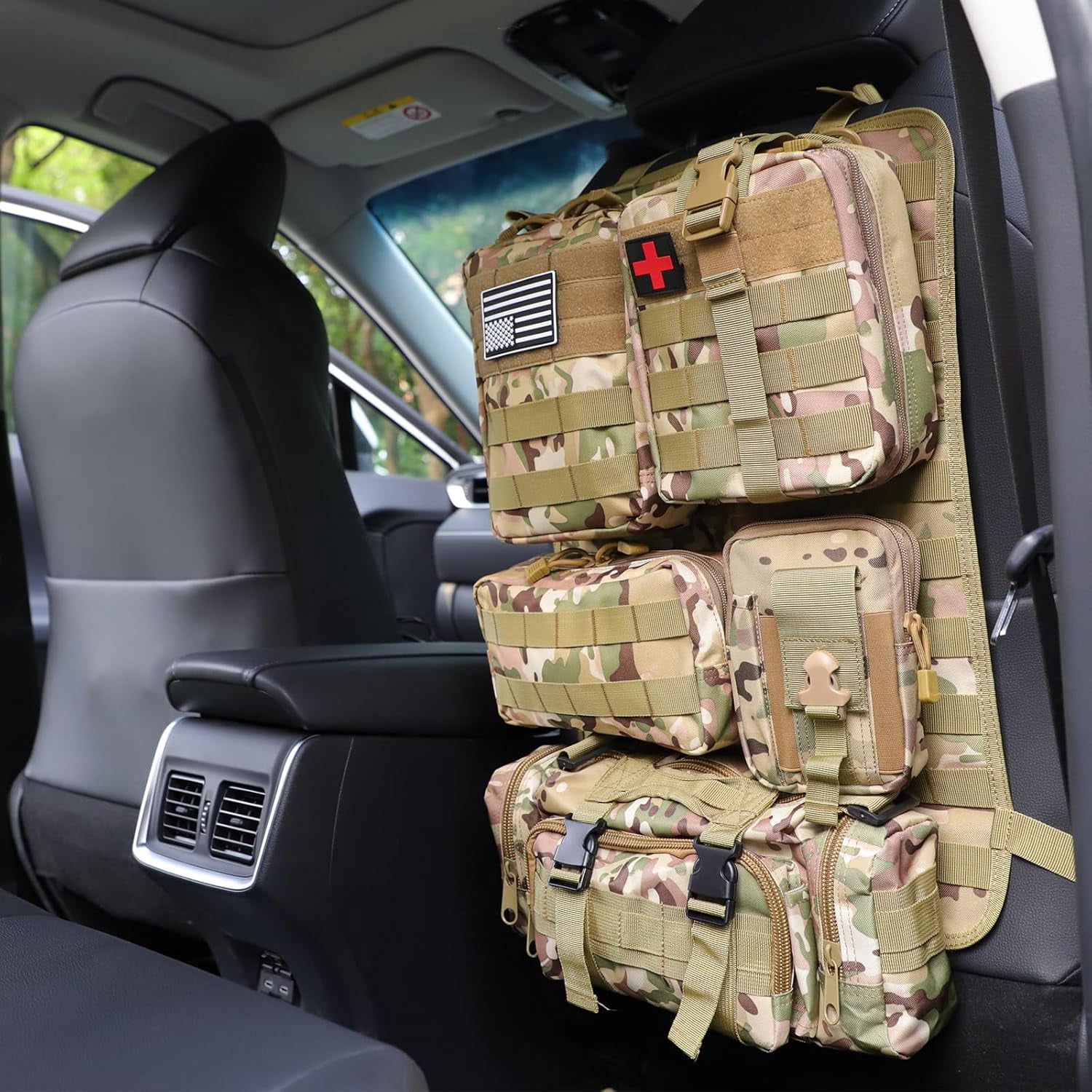 Universal Tactical Car Seat Back Organizer Bag Tactical Molle Vehicle Organizers Panel Vehicle Protector Organizers with 5 Detachable Pouches for Car Truck Ford Jeep (CP camo)