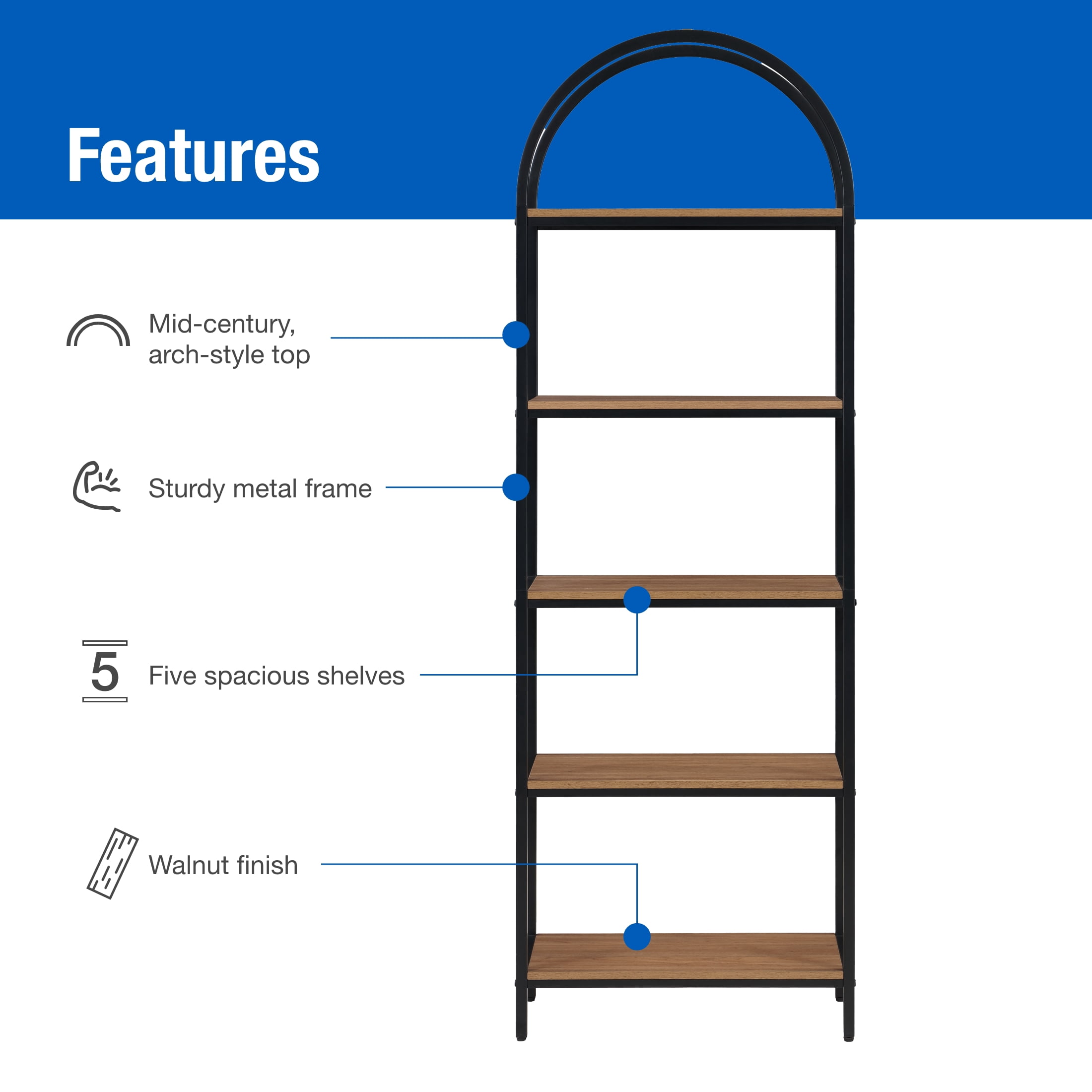 Mainstays 5-Shelf Metal and Wood Arch Open Bookcase