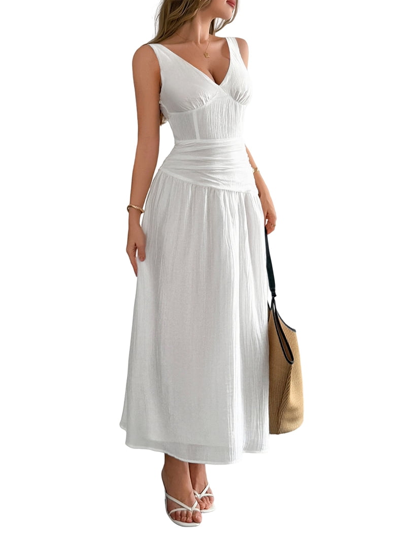 Women'S Summer Sleeveless Casual Dresses V-Neck Wrinkles Backless Party Dress White M