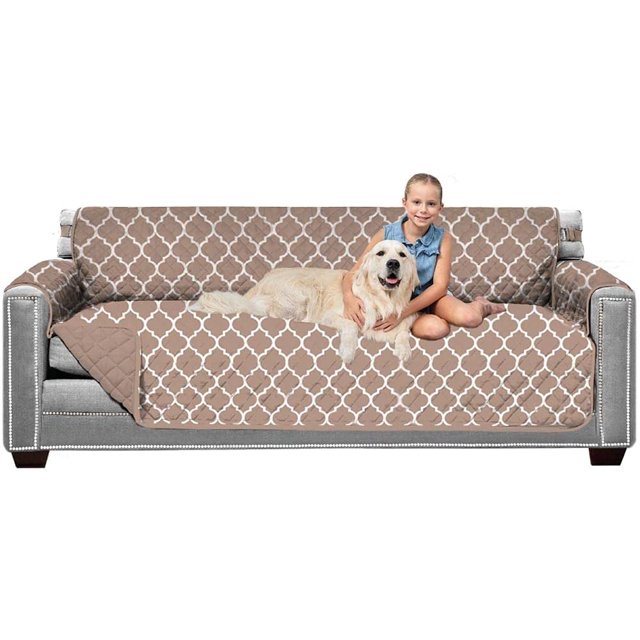 Original Patent Pending Reversible X-Large Oversized Sofa Protector for Seat Width up to 78 Inch, Furniture Slipcover, 2 Inch Strap, Couch Slip Cover Throw for Dogs, Sofa, Quatrefoil Mocha