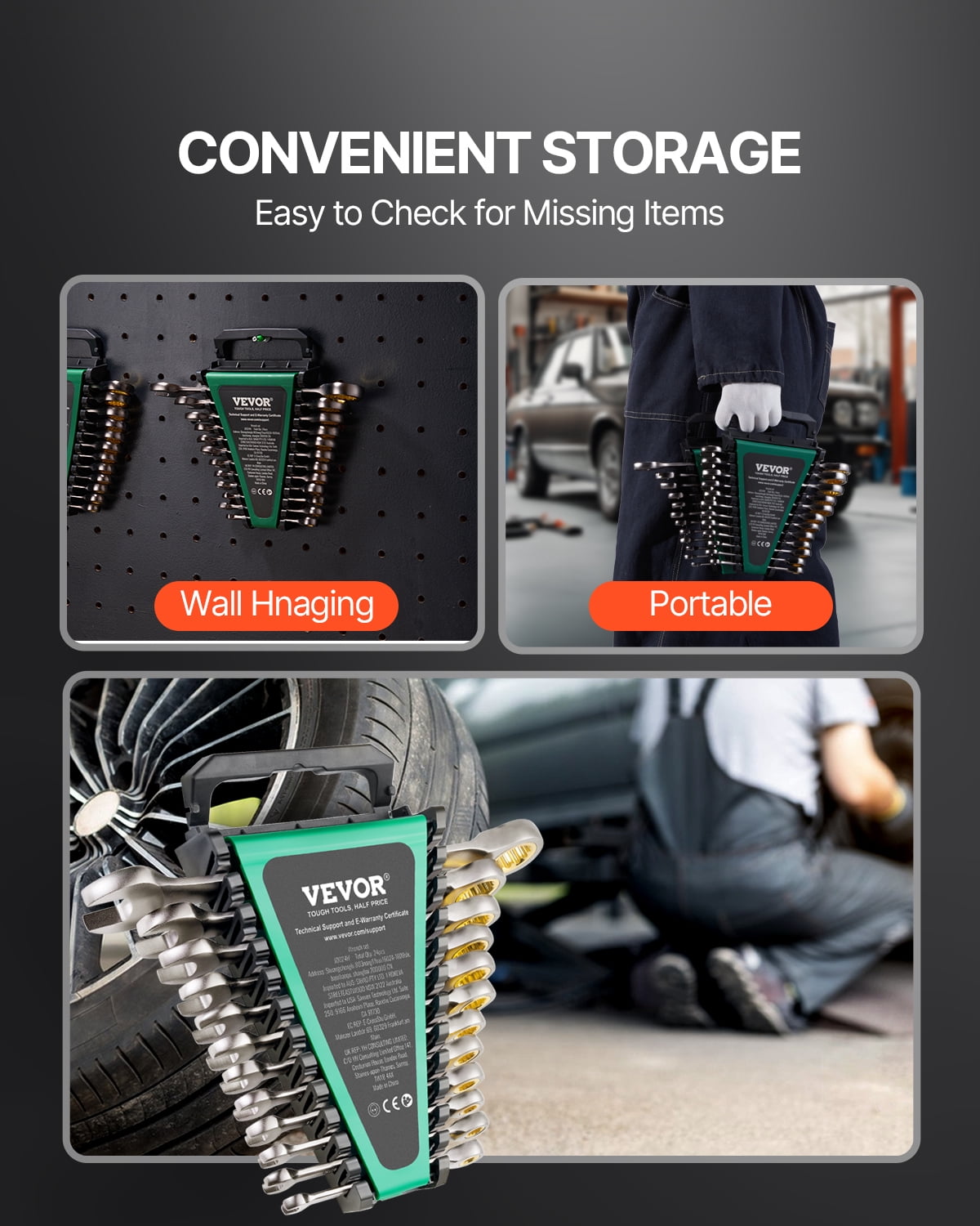 VEVOR Combination Wrench Set, 24-Piece Ratcheting Wrench Set with Organizer Rack, Cr-V Steel Wrench Set SAE 1/4" to 7/8", Metric 8 mm to 19 mm, Ideal for General Household, Auto Repairs, Emergency
