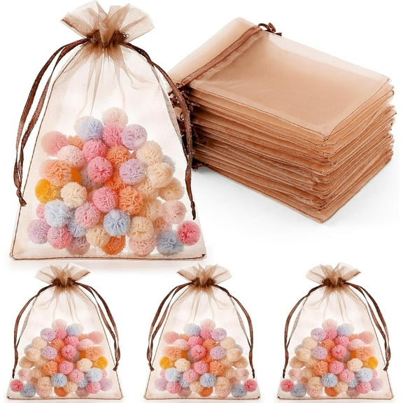 NAMZI 100pcs Organza Bags, 5x7 inch Mesh Drawstring Gift Bags Jewelry Pouches for Christmas Candy Party Favor, Coffee