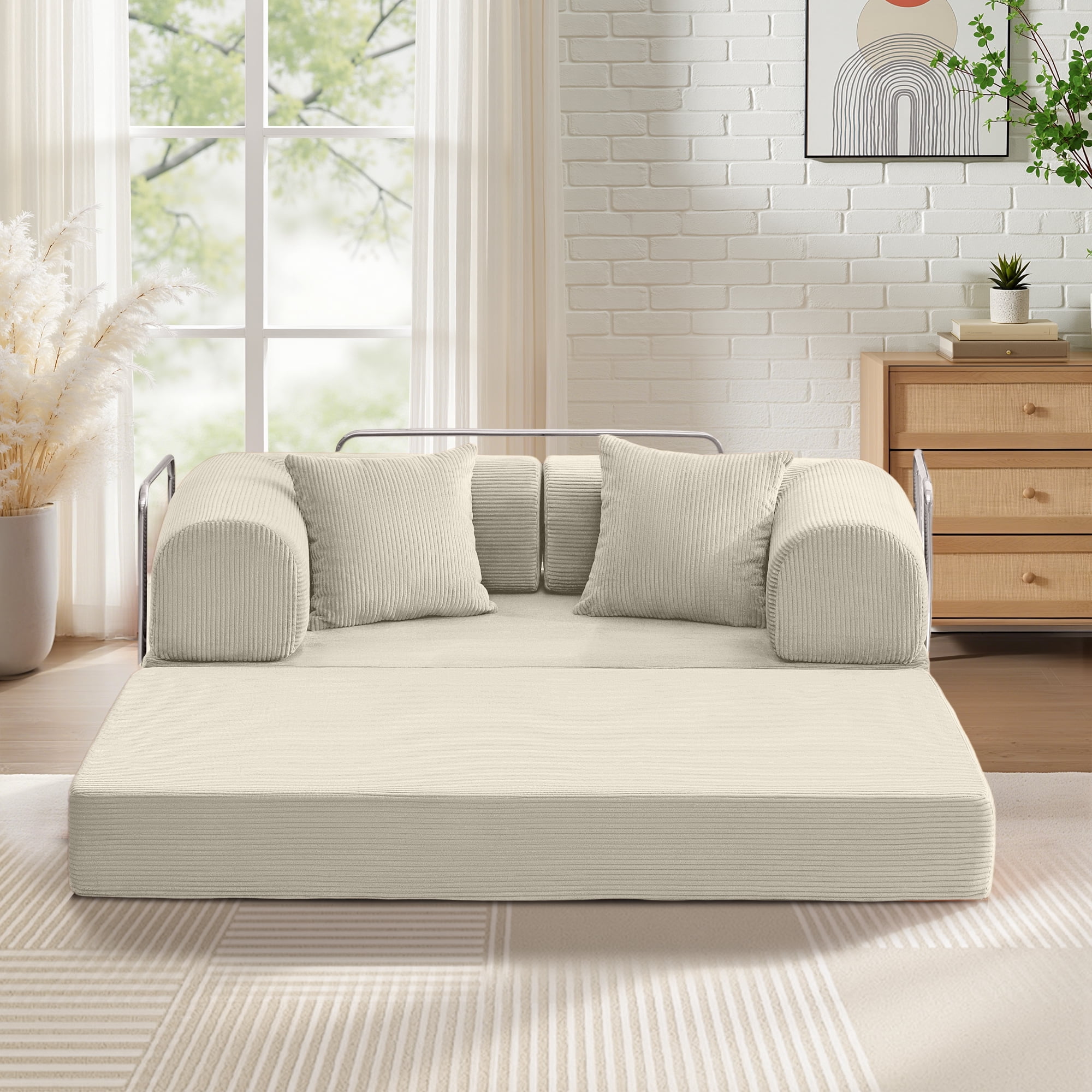 COOLHUT 63" W Combination Sofa, High Rebound Density Foam Sofa Couch, Two Forms Floor Couch Three Seats Sofa Bed for Living Room, Bedroom, Beige
