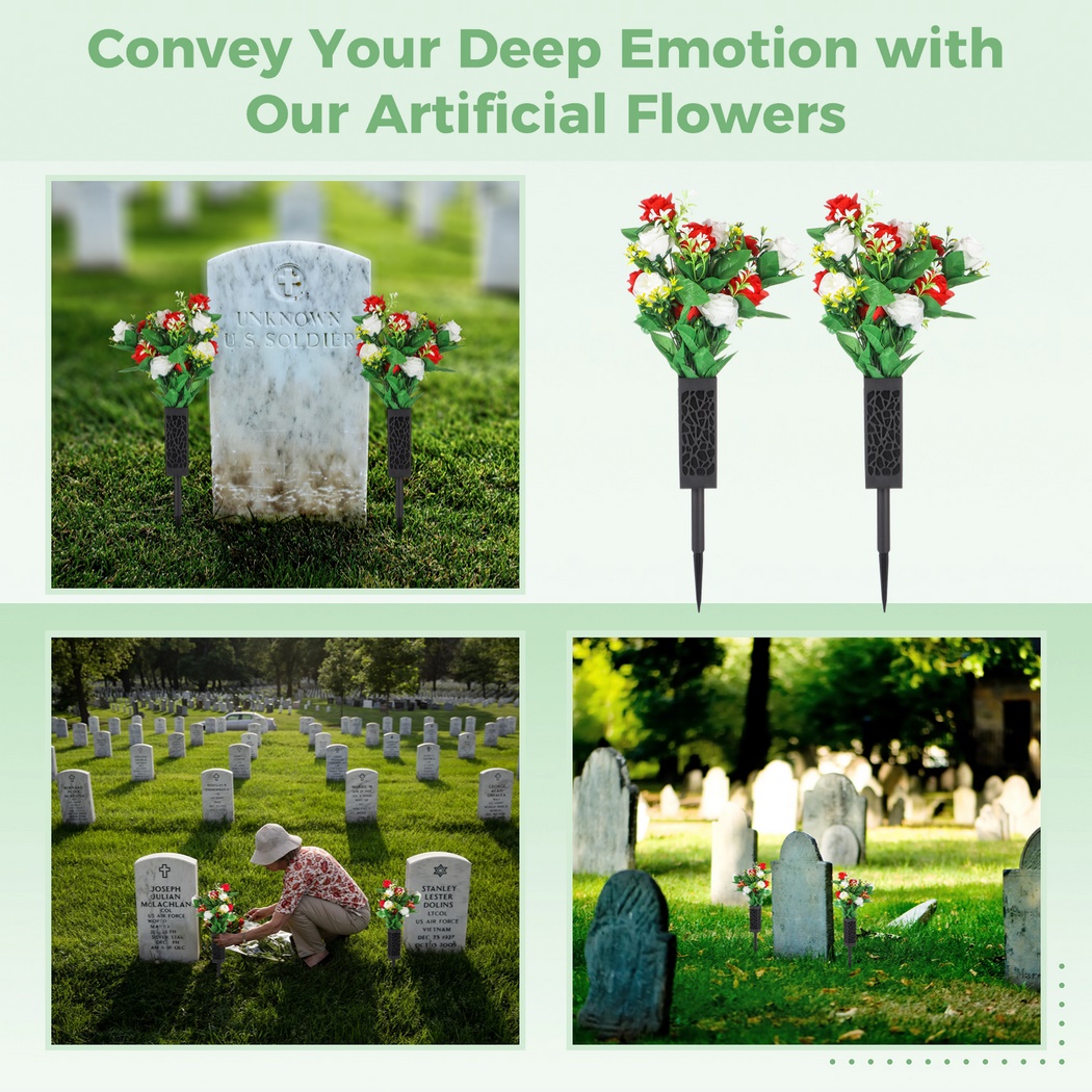 2 Sets Artificial Cemetery Flowers, Memorial Flowers, Beautiful Arrangements for Headstones, Black Plastic Vase Base with Drainage Holes Long Spikes for Outdoor Memorials