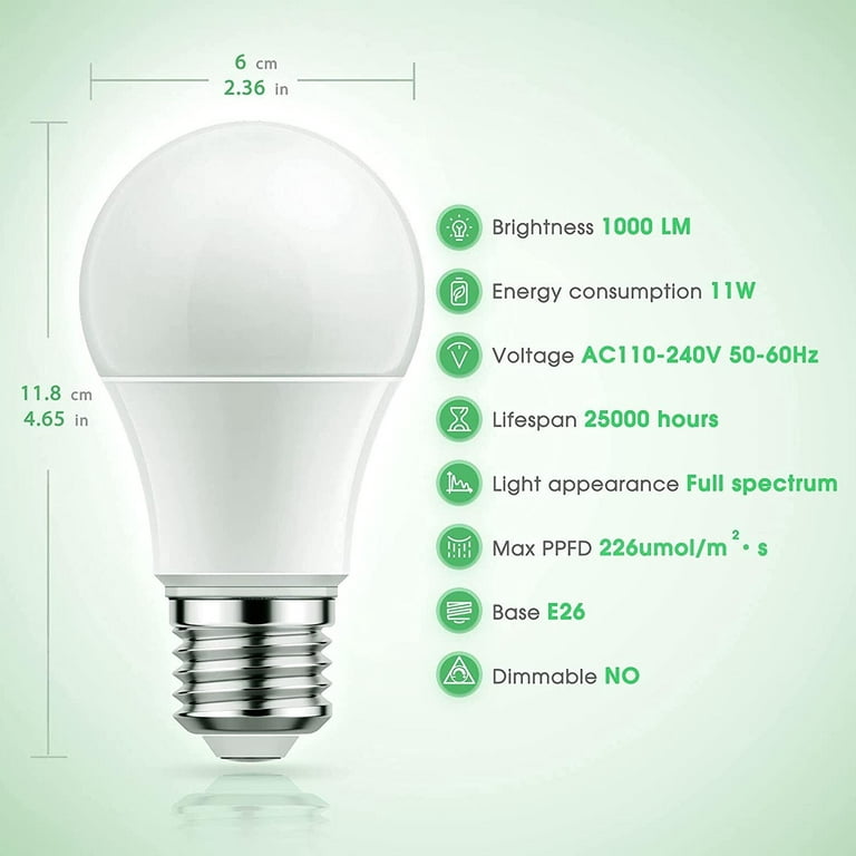 YANSUN Grow Light Bulbs, LED Grow Light Bulb A19 Bulb, Full Spectrum Grow Light Bulb, Plant Light Bulbs E26 Base, 11W Grow Bulb 100W Equivalent, Grow
