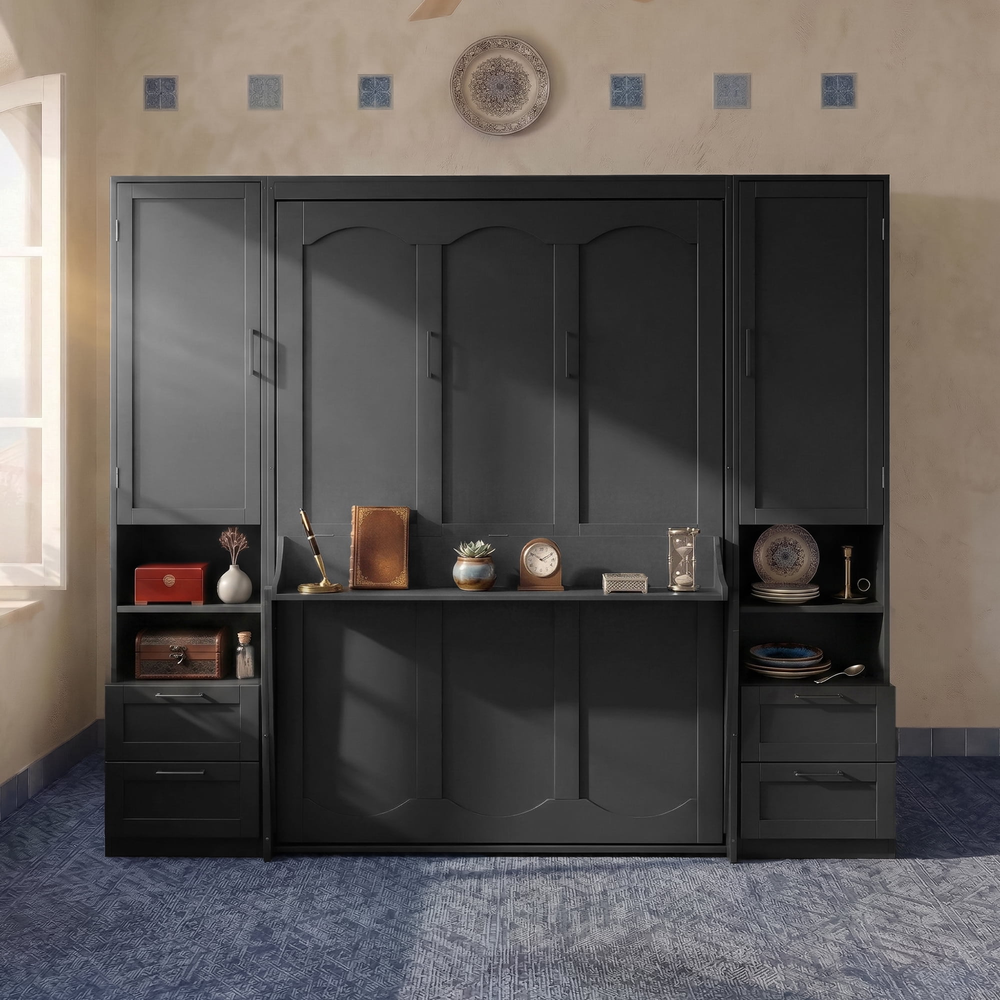 Queen Size Murphy Bed with 2 Closet, 4 Drawers and Open Shelves for Small Space, Guest Room