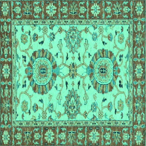 Ahgly Company Machine Washable Indoor Square Oriental Turquoise Blue Traditional Area Rugs, 7' Square