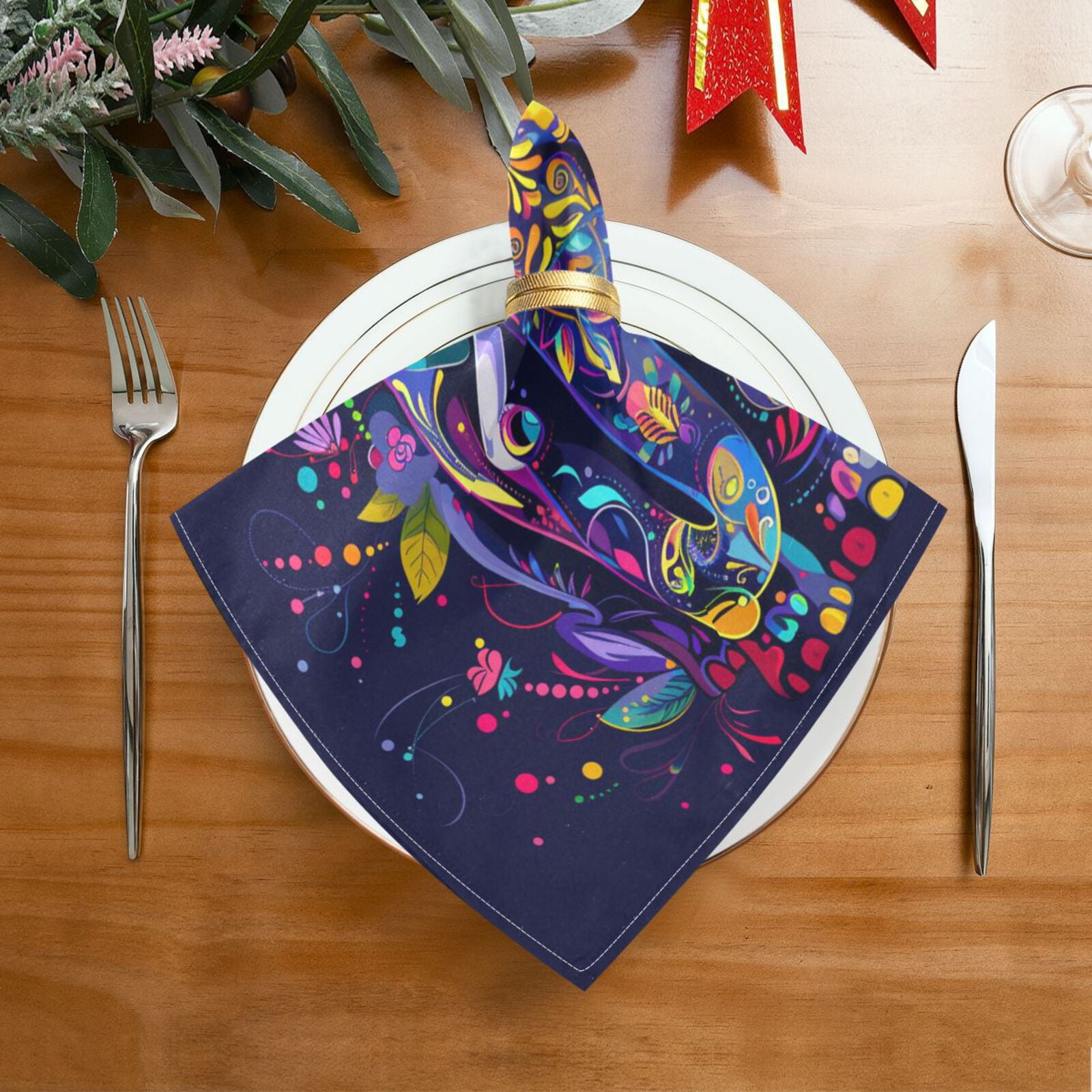 JSTEL Rainbow Elephant Flower Boho Cloth Napkins Set of 6, 20x20 Inch Washable and Reusable Napkin for Decoupage Dinner Party Everyday Use