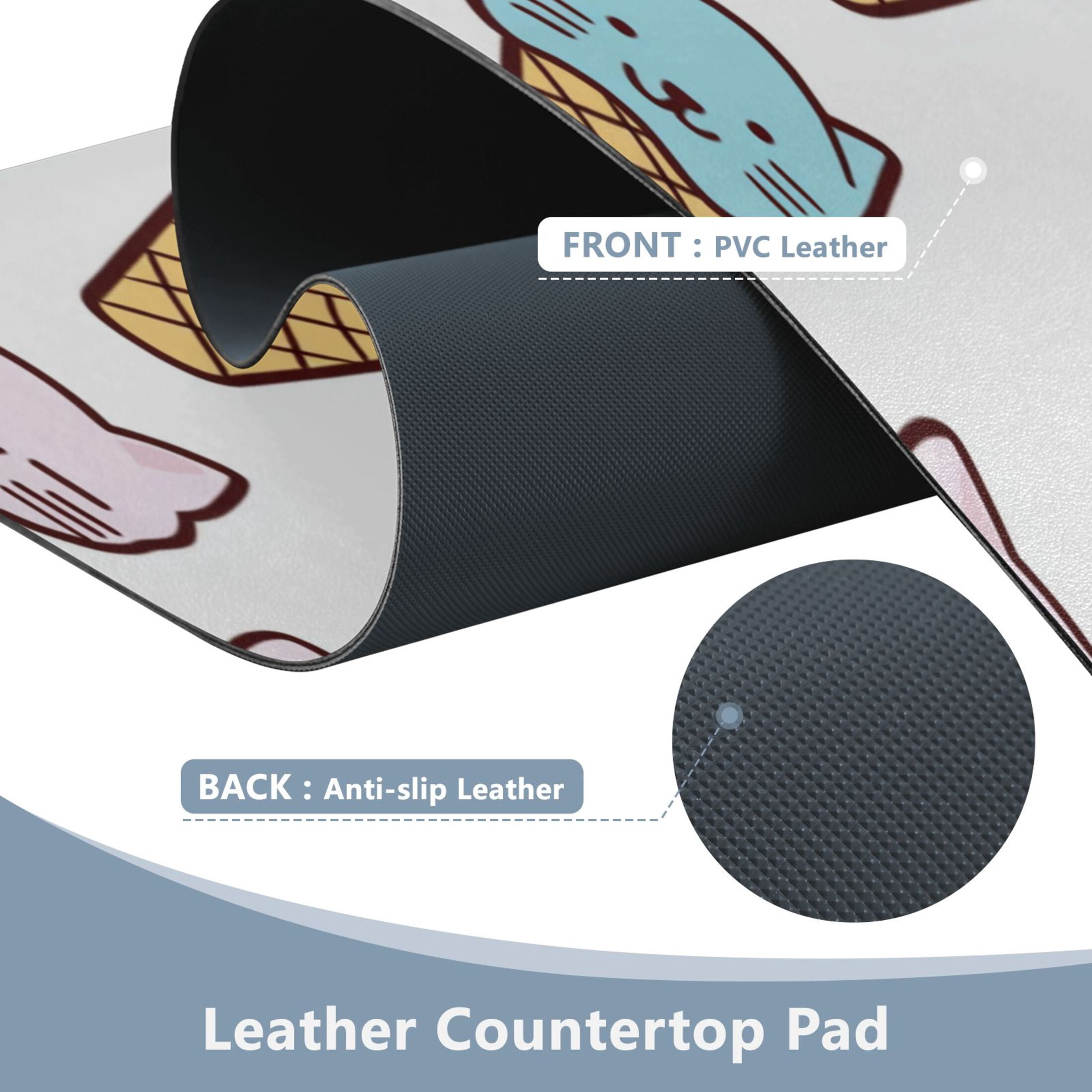 Leather Keyboard and Mouse Desk Mat Office Desk Accessories Protective Office Desk Decor Desk Pad Mat for Gaming, Work from Home, Office Cat Face Ice Cream 16.5" x 35.4"