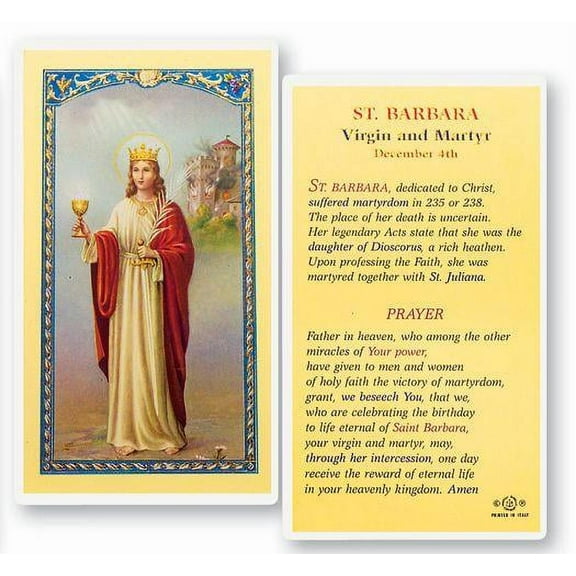 Saint Barbara Laminated Catholic Prayer Holy Card with Prayer on Back, Pack of 25